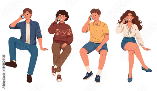 Diverse young adults sitting and talking on phones