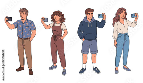 Diverse group of people taking selfies with smartphones