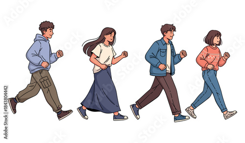 Group of diverse young adults walking in casual attire