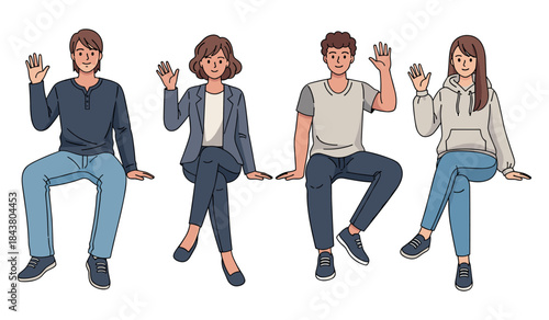 Group of diverse young adults waving and smiling