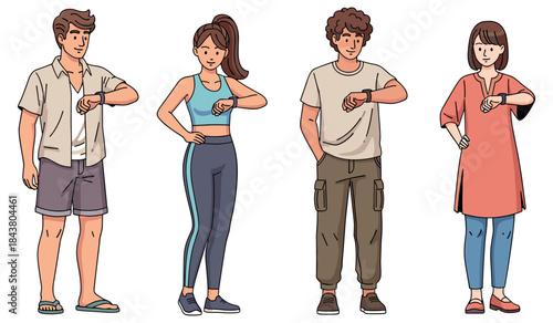 Young diverse group of people checking smartwatches