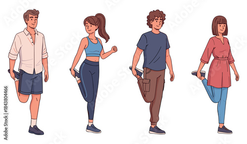 Group of diverse young adults stretching in casual and sportswear