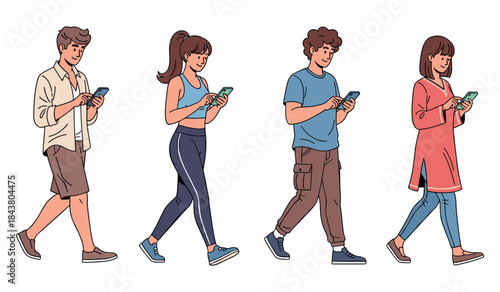 Four young adults walking and using smartphones