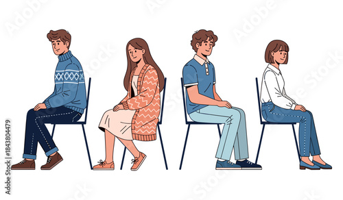 Group of diverse young adults sitting on chairs in a row