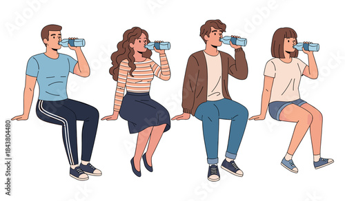 Group of young adults sitting and drinking water bottles