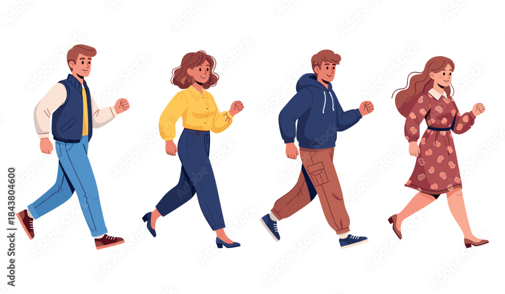 Fototapeta premium Group of happy cartoon people walking together in casual clothing
