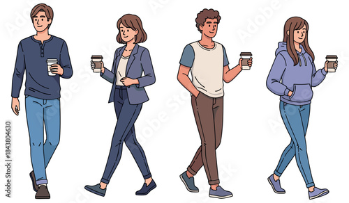 Young diverse adults walking with coffee cups