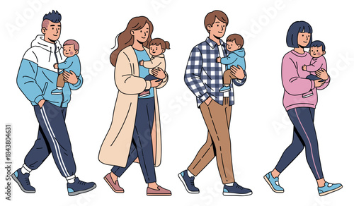 Diverse adults carrying babies illustrations - casual fashion and parenting
