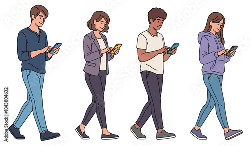 Diverse young adults engaged with smartphones walking side by side