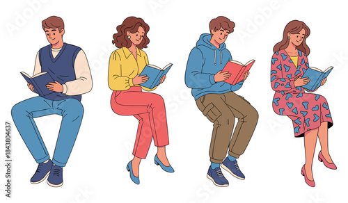 Illustration of young adults reading books while sitting
