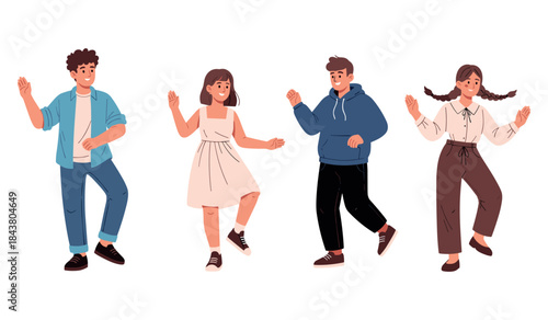 Diverse teens dancing joyfully in casual outfits on white background