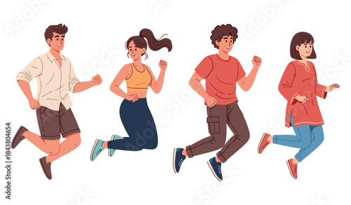 Group of happy diverse young adults jumping and dancing in casual clothes