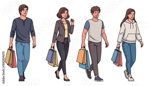 Group of diverse young adults shopping with bags
