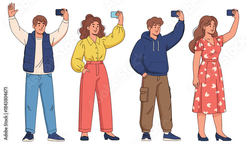 Diverse young adults taking selfies - casual clothing and smiling poses