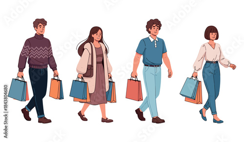 Four diverse young adults shopping with bags in casual outfits