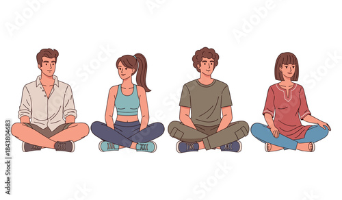 Diverse group of young adults sitting cross-legged in casual attire