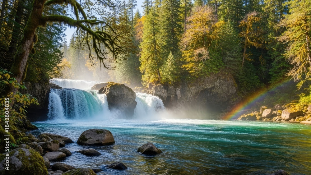 Obraz premium Stunning Waterfall with Rainbow in Lush Green Forest Landscape.