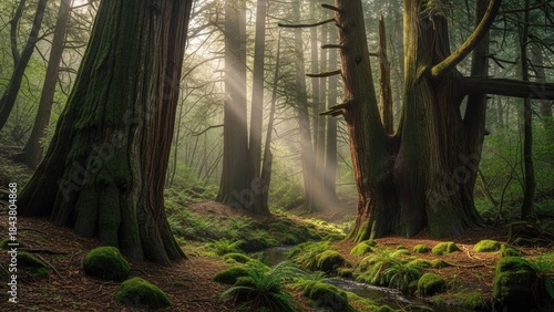 Sunlight filtering through ancient trees in a mossy forest, creating a mystical and serene natural scene.