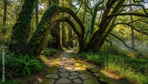 Sunlit Stone Path Winding Through a Lush, Moss-Covered Enchanted Forest.