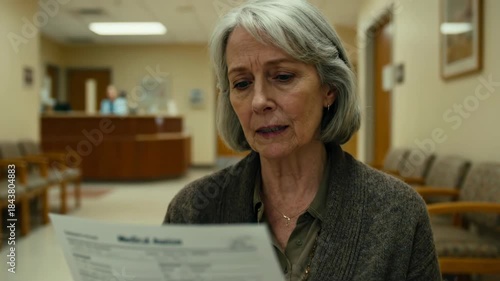 Caucasian older woman reads Medical Action papers with worried expression in doctor office waiting room. Healthcare concerns.