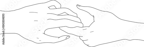 Minimalist line art vector illustration of expressive hand gestures, including holding hands, heart-shaped hands, and intertwined pinky fingers with hearts. Pair lovers
