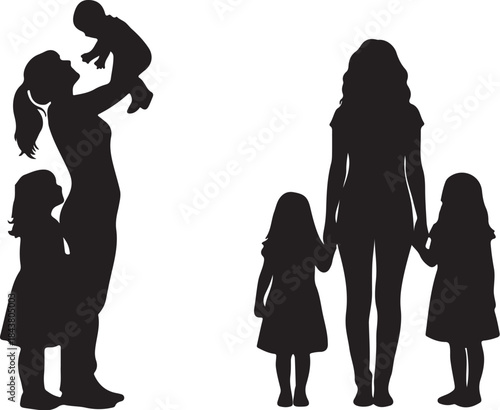Silhouette of two women holding and standing with children in a family scene also transparent background