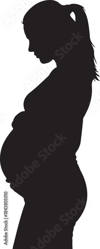 Silhouette of Pregnant Woman with Long Hair Side Profile also transparent background side view