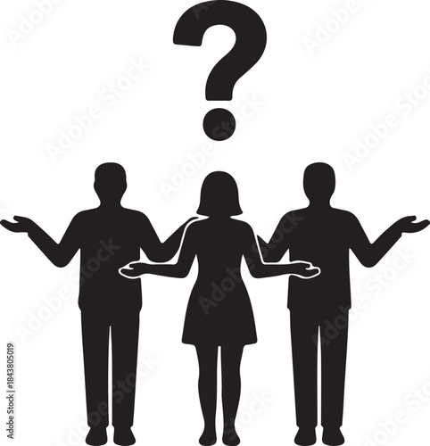 Three Silhouettes With Raised Arms And A Large Question Mark Above Them also transparent background people