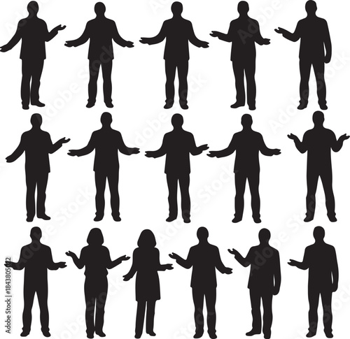 Silhouettes of people with arms outstretched in various poses on white background also transparent background