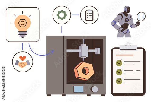 3D printer creating object with robot analyzing results, icons for innovation, gears, and checklist. Ideal for technology, production, automation, robotics, design innovation simple flat metaphor
