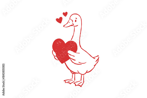 Happy Goose Hugging a Big Red Heart Illustration Valentine's Design