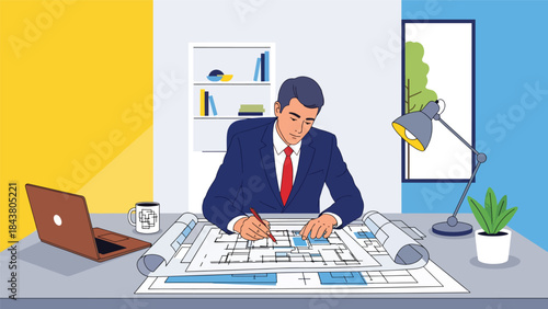 Modern flat vector illustration of an architect analyzing blueprints at a desk, ideal for architecture services, construction planning, design presentations, and professional branding