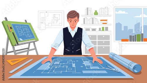 Modern flat vector illustration of an architect analyzing blueprints at a desk, ideal for architecture services, construction planning, design presentations, and professional branding