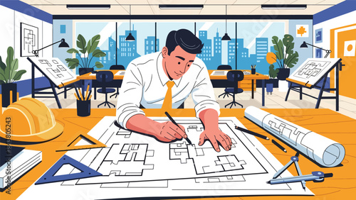 Modern flat vector illustration of an architect analyzing blueprints at a desk, ideal for architecture services, construction planning, design presentations, and professional branding