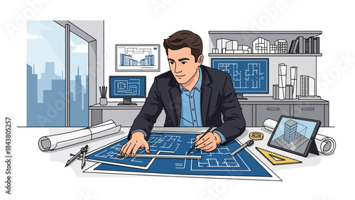 Modern flat vector illustration of an architect analyzing blueprints at a desk, ideal for architecture services, construction planning, design presentations, and professional branding