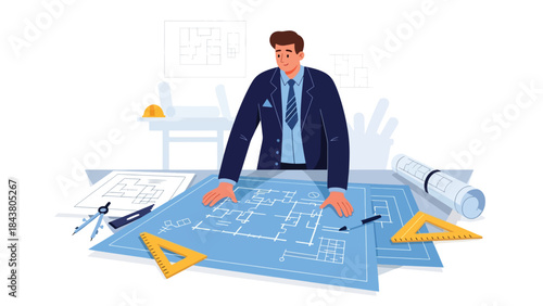 Modern flat vector illustration of an architect analyzing blueprints at a desk, ideal for architecture services, construction planning, design presentations, and professional branding