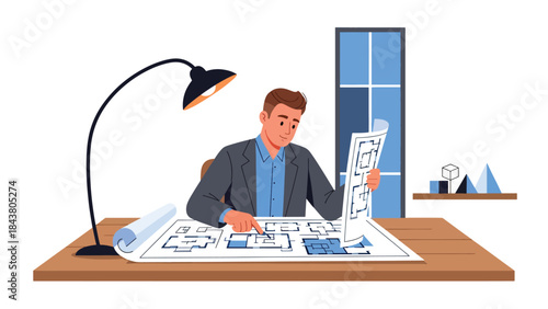 Modern flat vector illustration of an architect analyzing blueprints at a desk, ideal for architecture services, construction planning, design presentations, and professional branding