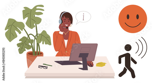 Person in headset at desk with computer helping clients. Nearby elements plant, glasses, paper, happy face, walking figure. Ideal for service, support, communication help positivity interaction
