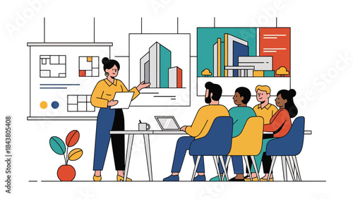 Flat vector illustration of an architect presenting building design to clients, ideal for real estate marketing, architecture firms, business presentations, and project proposals