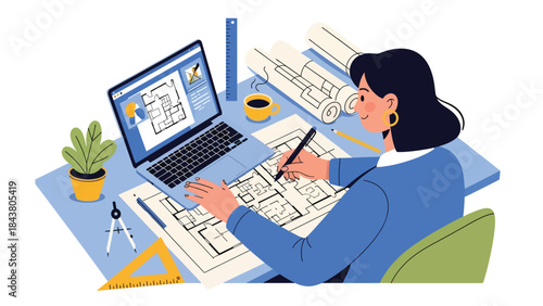 Modern flat vector illustration of an architect working with laptop and sketches, ideal for digital architecture workflows, creative studios, design services, and modern offices