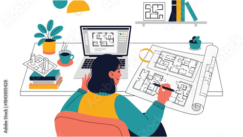 Modern flat vector illustration of an architect working with laptop and sketches, ideal for digital architecture workflows, creative studios, design services, and modern offices