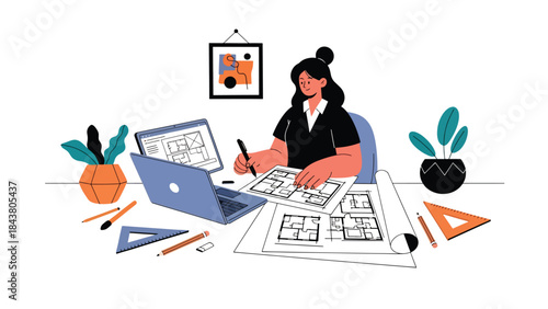 Modern flat vector illustration of an architect working with laptop and sketches, ideal for digital architecture workflows, creative studios, design services, and modern offices