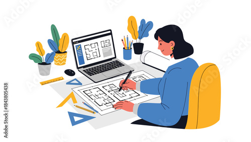 Modern flat vector illustration of an architect working with laptop and sketches, ideal for digital architecture workflows, creative studios, design services, and modern offices