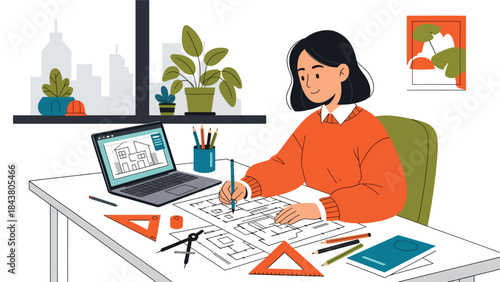 Modern flat vector illustration of an architect working with laptop and sketches, ideal for digital architecture workflows, creative studios, design services, and modern offices