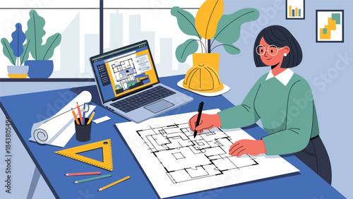 Modern flat vector illustration of an architect working with laptop and sketches, ideal for digital architecture workflows, creative studios, design services, and modern offices