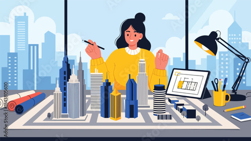 Flat vector illustration of an architect designing a modern urban skyline, ideal for city planning visuals, real estate development, architecture branding, and urban concepts