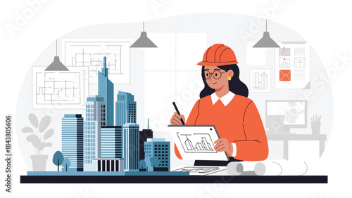 Flat vector illustration of an architect designing a modern urban skyline, ideal for city planning visuals, real estate development, architecture branding, and urban concepts