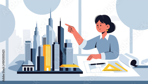 Flat vector illustration of an architect designing a modern urban skyline, ideal for city planning visuals, real estate development, architecture branding, and urban concepts