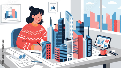 Flat vector illustration of an architect designing a modern urban skyline, ideal for city planning visuals, real estate development, architecture branding, and urban concepts