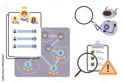 User leaderboard with ranks, AI analyzing data with magnifying glass, task completion checklist, and security alerts. Ideal for competition, AI, ranking, evaluation, gamification analysis teamwork
